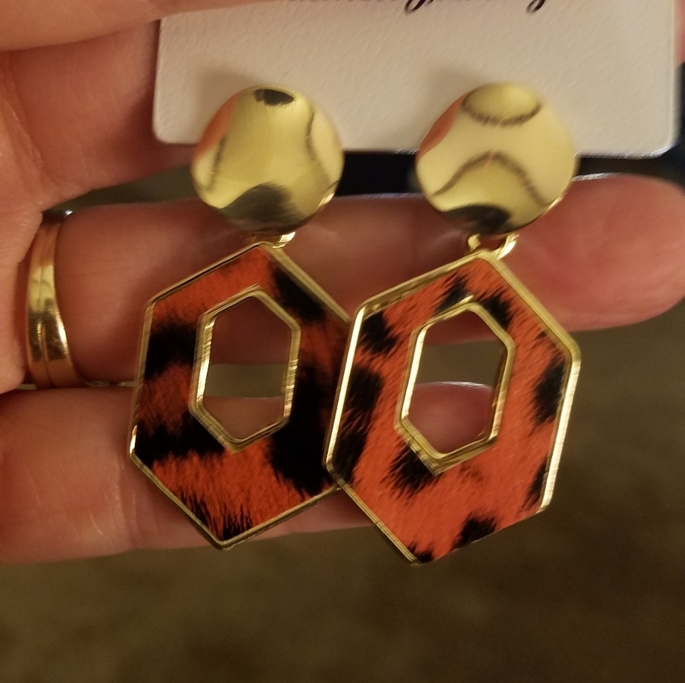 Orange & Black Animal Print Dangle Gold Earrings